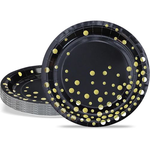 Assiettes  Dessert 18cm Paillettes Dores Assiettes En Carton Jetables Noir Assiettes En Papier De Fte 24 Pices Vaisselle Jetable Vaisselle De Fte Pour Baptme, Anniversaire, Mariage