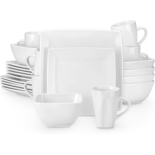 Assiettes Service De Table Carr Pour 6 Personnes En Grs 24 Pices Avec 6 Assiettes Plates, 6 Assiettes  Dessert, 6 Bols Et 6 Tasses, Blanc