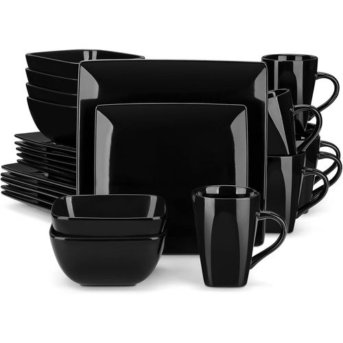 Assiettes Service De Table Carr Pour 6 Personnes En Grs 24 Pices Avec 6 Assiettes Plates, 6 Assiettes  Dessert, 6 Bols Et 6 Tasses, Noir