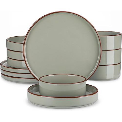 Assiettes Service De Table Moderne En Grs 12 Pices Rond Avec 4 Assiettes Plates Grandes, 4 Bols  Ptes Et 4 Bols Polyvalents Pour 4 Personnes, Vert