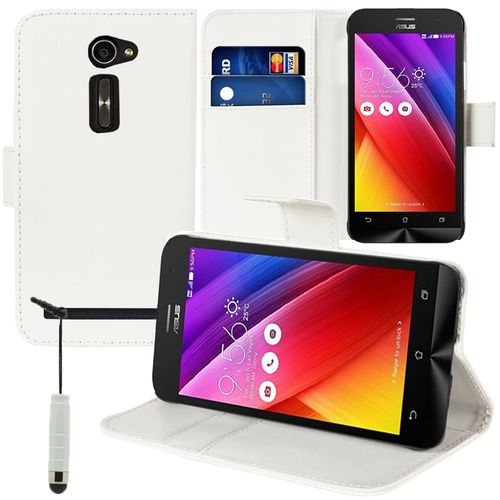 Etui Portefeuille Pour Asus Zenfone 2 Ze500cl/ Zenfone 2e Z00d Support Video Cuir Pu - Blanc + Mini Stylet