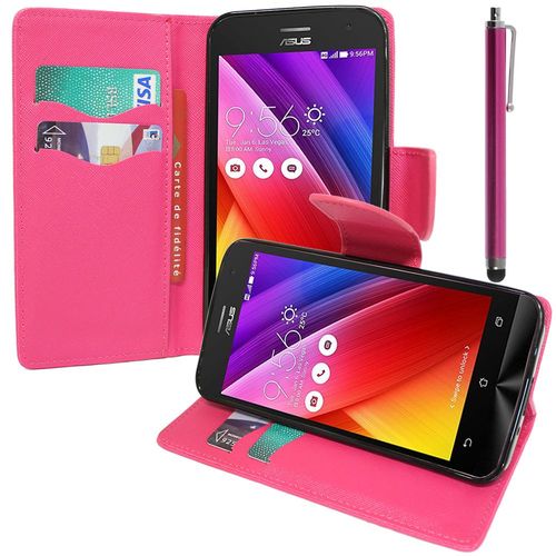 Etui Portefeuille Pour Asus Zenfone 2 Ze500cl/ Zenfone 2e Z00d Support Video Cuir Pu Effet Tissu - Rose + Stylet