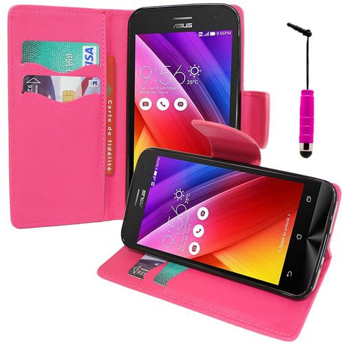 Etui Portefeuille Pour Asus Zenfone 2 Ze500cl/ Zenfone 2e Z00d Support Video Cuir Pu Effet Tissu - Rose + Mini Stylet