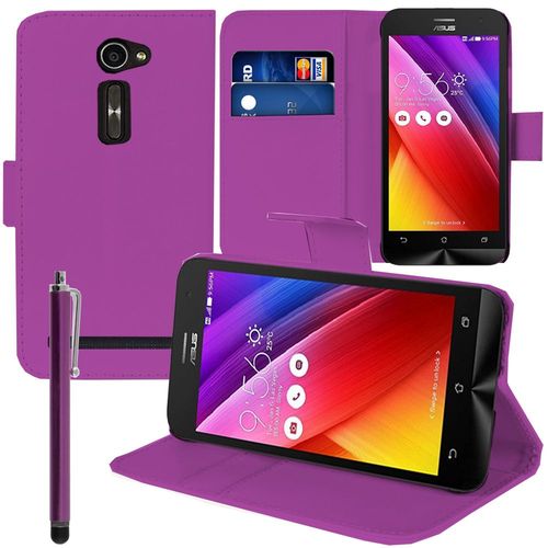 Etui Portefeuille Pour Asus Zenfone 2 Ze500cl/ Zenfone 2e Z00d Support Video Cuir Pu - Violet + Stylet