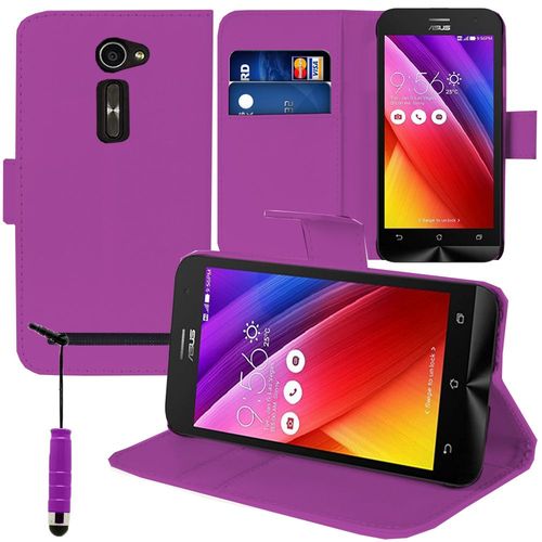 Etui Portefeuille Pour Asus Zenfone 2 Ze500cl/ Zenfone 2e Z00d Support Video Cuir Pu - Violet + Mini Stylet