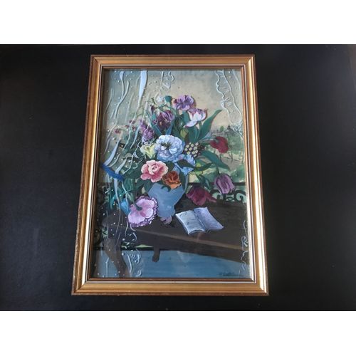 Atelier De Ferrand-Castelnau - New-York - 1940 -  A La Fentre  - Fleurs - Tableau Fix Sous Verre (23x32cm), Sign De L?Atelier - Cadre En Bois Dor