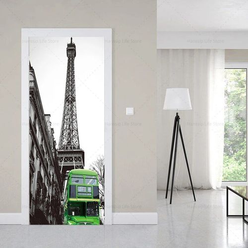 Autocollants Muraux De Couverture De Porte De Btiments Europens De Style Noir Rtro,Auto-Adhsif Impermable,Pvc,Voiture,Tour Eiffel,Papier Peint