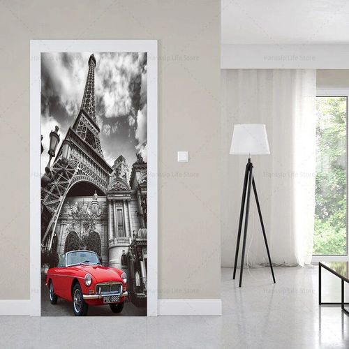Autocollants Muraux De Couverture De Porte De Btiments Europens De Style Noir Rtro,Auto-Adhsif Impermable,Pvc,Voiture,Tour Eiffel,Papier Peint