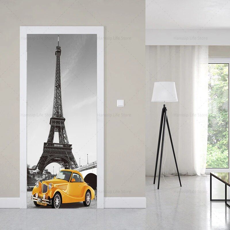 Autocollants Muraux De Couverture De Porte De Btiments Europens De Style Noir Rtro,Auto-Adhsif Impermable,Pvc,Voiture,Tour Eiffel,Papier Peint