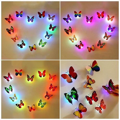 Autocollants Muraux Papillon Lumineux Color  Led, 5 Pices, Simulation Flash 3d, Dcoration Pour Chambre  Coucher