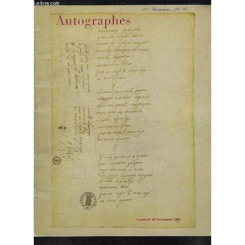 Autographes. Catalogue De La Vente Aux Enchères Du 29 Novembre 1991 À L ...