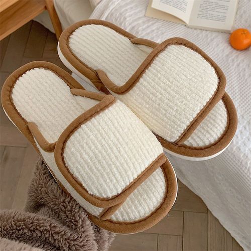 Automne Et Hiver Maison Fond Doux Chambre Chaussures De Sol Confortables Dames Couleur Unie Un Mot Pantoufles En Coton