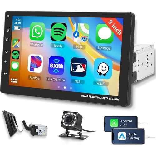 Autoradio 1 Din Avec Apple Carplay Android Auto 9 Pouces cran Tactile Autoradio Avec Bluetooth Fm Radio Android/Ios Mirror Link Tlcommande Tf/Usb/Aux/Dvr Commande Au Volant+12 Led Camra De Recul