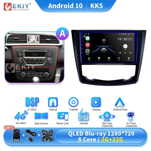 Autoradio Android 10, 4G, Navigation GPS, DVD, unite principale, lecteur video multimedia, voix AI, pour voiture Renault Kadjar (2015 C 2019)(KK5 3G 32G UN)