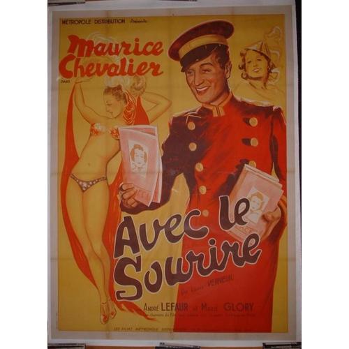 Avec Le Sourire - Film De Maurice Tourneur 1936 - Affiche De Cin?ma Originale Francaise Entoil?e - 120x160 Cm (47*63in)- Movie Poster - Maurice Chevalier ; Marie Glory ; Andre Lefaur
