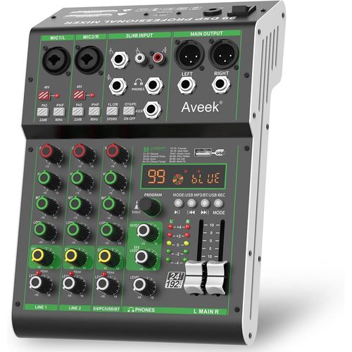 Aveek Audio Mixer,Table De Mixage Professionnelle Avec Usb/Bluetooth,4 Canaux D'Entre Stro Dj Mixer,48v Phantom Power 99 Dsp Effect Pour Pc Recording Studio Streaming