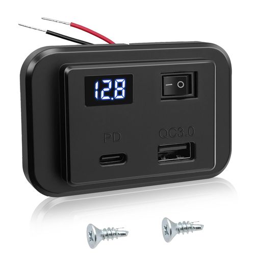 Ayu-12v Prise De Chargeur Usb C De Voiture Avec Interrupteur Et Voltmtre Led 40w Pd2.0+Qc3.0,Dc12v-26v Panneau De Double Usb Commande Charge Rapide Adaptateur Pour Bateau Camping Car Camion 1pcs
