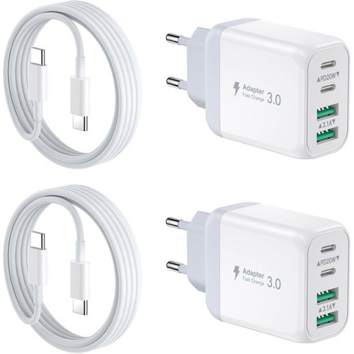 Ayu-[2 Pack] Chargeur Mural Usb-C, 40w 4port Qc+Pd 3.0 Power Adapter, Dual Fast Wall Plug With 2m Usb C To Usb C Cable Pour Iphone 15/15 Pro/ 15 Pro Max/15 Plus/14/13/12/11, Samsung Galaxy, Pixel-Bla
