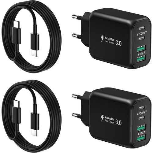 Ayu-[2 Paquets] Chargeur Mural Usb-C, 40w 4port Qc+Pd 3.0 Power Adapter, Dual Fast Wall Plug With 2m Usb C To Usb C Cable Pour Iphone 15/15 Pro/15 Pro Max/15 Plus/14/13/12/11, Samsung Galaxy, Pixel-N