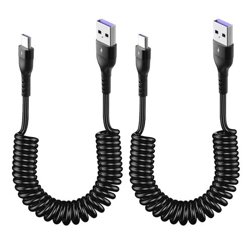AYU-2 PCS Cble USB C vers USB A Spiral, Cbles Spiraux USB C 0,4m, Noir, Cbles de Donnes pour Android Auto et CarPlay, Chargement Rapide & Transfert de Donnes, Design lastique, Compatible avec