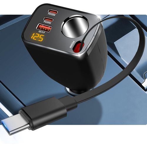 AYU-5 en 1 Chargeur Allume Cigare Voiture, PD 30W Cble Rtractable, 12V/24V Adaptateur Prise Allume Cigare avec Voltmtre Type-C/USB-C/USB-A pour iPhone, Android, GPS, Dash Cam