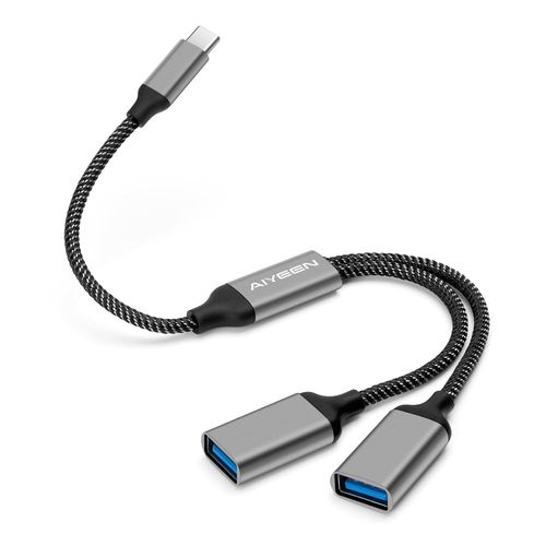 AYU-Adaptateur de cble rpartiteur USB C mle vers 2 USB femelle, double port USB-A pour le transfert de donnes/chargement, rallonge supplmentaire pour voiture/ordinateur portable/Mac/PC (gris)