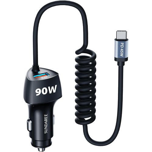 Ayu-Allume Vigare Usb C,90w 2 Port 12v 24v Pd Qc Type C 1.8m Spiral Cble Prise Tlphone Rapide Chargeur Voiture Pour Xiaomi Redmi Note 13/Samsung A55/Iphone 15/Google 8a/Galaxy Tab/Macbook Pro