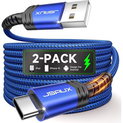 AYU-Cble USB C Charge Rapide [Lot de 2, 2M] 3.1A Cable USB Type C Chargeur Nylon Tress Compatible avec iPhone 16 15 Pro Max, Samsung Galaxy S25 S24 S23 Ultra A55 S22 S21 S20, Android Auto-Bleu