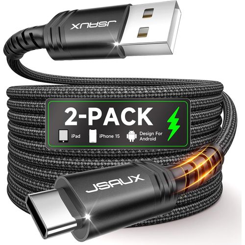 AYU-Cble USB C Charge Rapide [Lot de 2, 2M] 3.1A Cable USB Type C Chargeur Nylon Tress Compatible avec iPhone 16 15 Pro Max, Samsung Galaxy S25 S24 S23 Ultra A55 S22 S21 S20, Android Auto-Noir