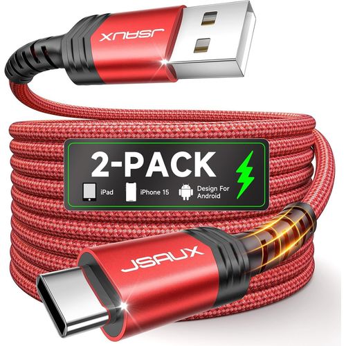 AYU-Cble USB C Charge Rapide [Lot de 2, 2M] 3.1A Cable USB Type C Chargeur Nylon Tress Compatible avec iPhone 16 15 Pro Max, Samsung Galaxy S25 S24 S23 Ultra A55 S22 S21 S20, Android Auto-Rouge