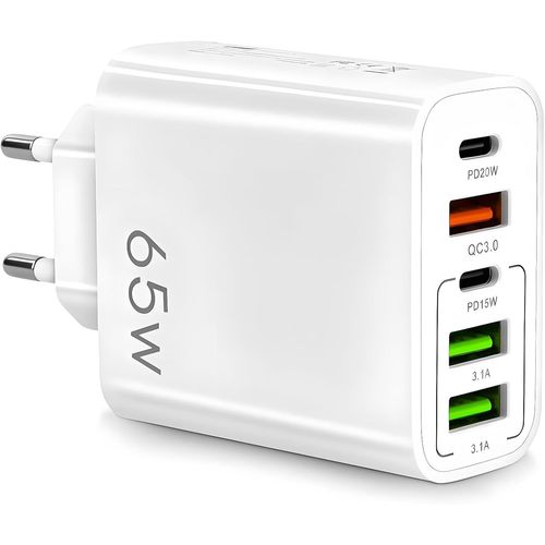 Ayu-Chargeur Rapide Multi Usb C 65w Prise - 2 Usb-C + 2 Usb + 1 Qc 3.0 (5 Ports) Compatible Apple, Iphone, Ipad, Macbook, Androd, Samsung Etc. - Norme Ce & Fcc (Blanc)