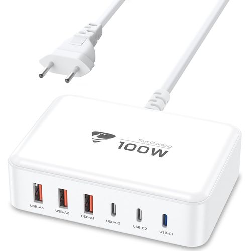 AYU-Chargeur USB C 100W Charge Rapide 6Port Prise USB C Multiple GaN PD+QC 3.1A Adaptateur Secteur USBC Chargeur pour iPhone 15 16 Pro Max Plus 14 13 12 11 MacBook Pro/Air iPad, Samsung S24 S23 S22 T