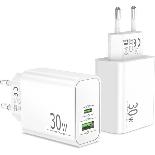 AYU-Chargeur USB C, 30W Adaptateur 2-Port PD+QC Chargeur Rapide Multiple avec USB-C/A Prise pour iPhone 16 15 Pro Max/Pro/Plus/16e, iPad, Samsung Galaxy S25/S24/S23/S22, Google Pixel 9/8/7