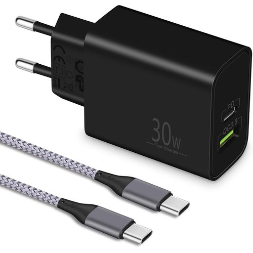 Ayu-Chargeur Usb C 30w Et Cble Type C 2m, Prise 2 Ports Avec Pd3.0/Qc3+, Embout Chargeur Rapide, Adaptateur Secteur Usb C Compatible Avec Iphone 16 15 Pro, Samsung S24/S23, Google Pixel 9/8/7/6