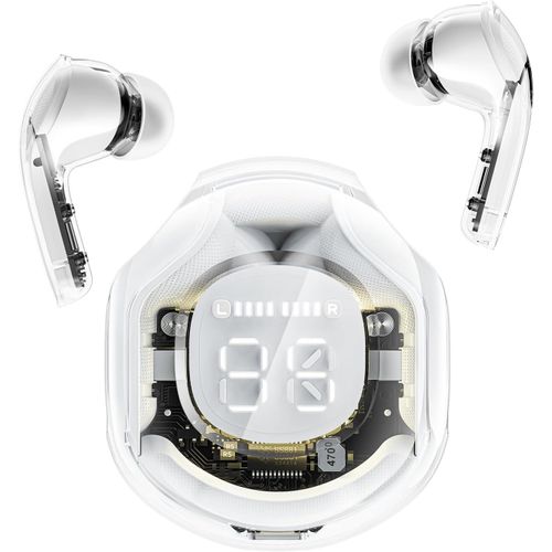 AYU-Clear Beat couteurs sans Fil Bluetooth 5.3, Design Transparent, Son cristallin, tanche IPX4, tui avec Charge Smartphone, Microphone intgr, autonomie 2-3 Heures, USB-C (Blanc)