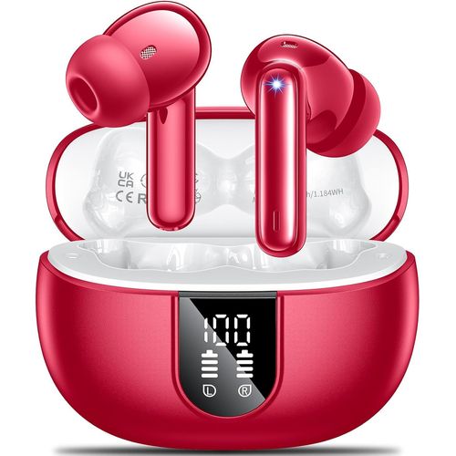 AYU-Ecouteurs Bluetooth sans Fil Casque Bluetooth 5.3 avec 4 ENC Rduction Bruit Mic cran LED HiFI Son Stro 42H Dure Lecture IP6 tanche Sport Oreillette Contrle Tactile pour iOS Android Rouge
