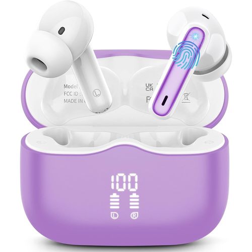 AYU-Ecouteurs Bluetooth Sans Fil, couteurs Bluetooth 5.3 Hi-FI Son Stro avec 4 ENC Rduction Antibruit Mic Casque, 40H Rcration, IP7 tanche Oreillette, Contrle Tactil pour iOS Android, Violet