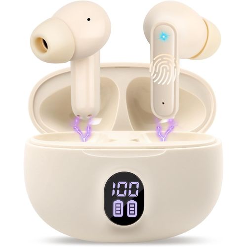 AYU-couteurs sans Fil Bluetooth, Intra-Auriculaires Bluetooth 5.3, Affichage LED Couleur Beige, couteurs tanches IPX7, autonomie de 30 h, rduction du Bruit, Charge Rapide USB-C