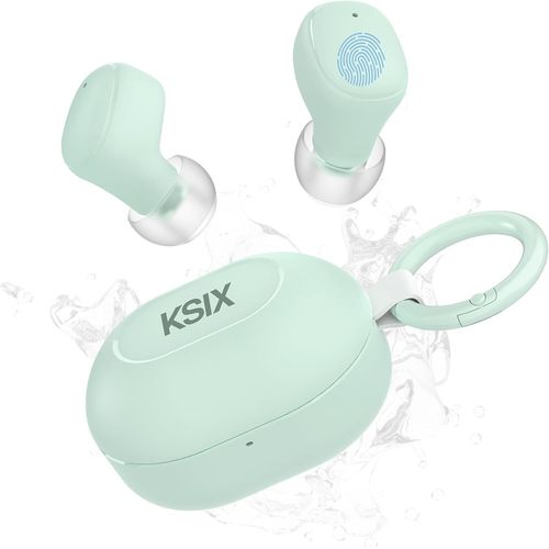 AYU-KSIX Neutron couteurs sans Fil, True Wireless Stereo, Bouton Multifonction, appels, Assistant Vocal, tui de Charge avec Mousqueton, autonomie 4h + 16h, USB-C, IPX4 rsistant  l'eau, Vert