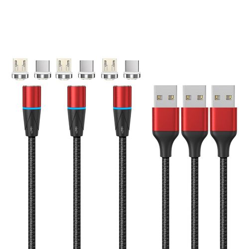 Ayu-Netdot Gen12 En Nylon Tress MagnTique Cable De Charge Rapide Et Transfert De DonnEs Avec Led Compatible Micro-Usb & Usb-C TLPhones(1m/3 Pack Rouge)