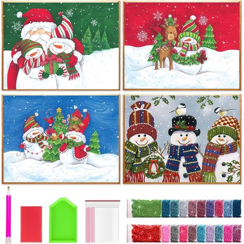 Ayuhr-4 Pcs Diamond Painting Nol, Diamond Painting Bonhomme De Neige, Peinture Diamant Hiver, Peinture Diamant Pour Enfants Et Adultes, Peinture Diamant Pour Dcoration Mur De Salon De Chambre  Cou
