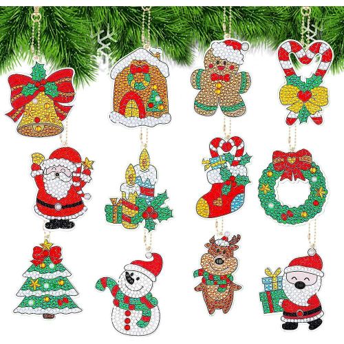 Ayuhr-Diamond Painting Portes-Cls, 12pcs 5d Diy Peinture Diamant Portes-Cls Pendentif, Nol Diamond Art Keychain Pendentif Pour Sac  Dos Sac  Main Dcoration, Cadeau De Garon Filles