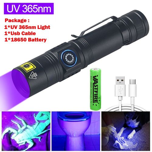 B-365nm With Battery Mini lampe de poche UV aste par USB, lampe noire ultraviolette, tapis violet, dtecteur d'urine pour animaux de compagnie, attraper le scorpion, 365nm, 395NM 