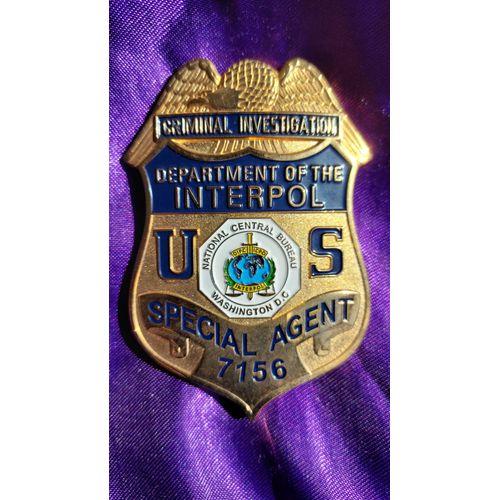 Badge Insigne Us Department Of Interpol Special Agent 7156 72 Grammes 7.5 Cm De Haut En Mtal Dor Bleu Blanc Objet De Dcoration, De Collection, Rplique