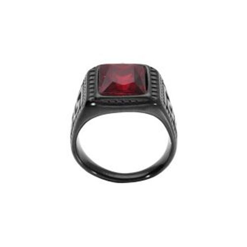 Bague Acier Pvd Noir Plateau Rectangulaire Oxyde Rouge