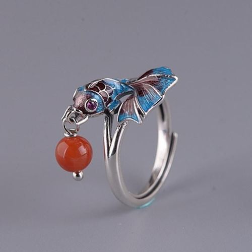Bague Ajustable En Argent Pour Femmes, Style National Chinois, Couleur mail, Petit Poisson, Rtro, lgant, Breloque, Perle Rouge Du Sud
