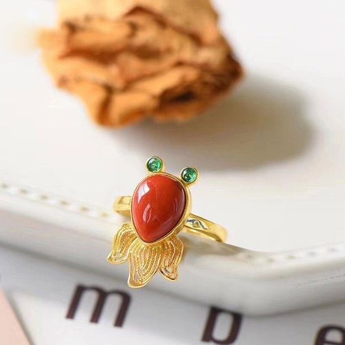 Bague Ajustable En Trois Dimensions, Jaspe Rouge Du Sud Original, Style Palais Rtro Chinois, Petit Poisson Rouge, Ouverture Pour Femmes