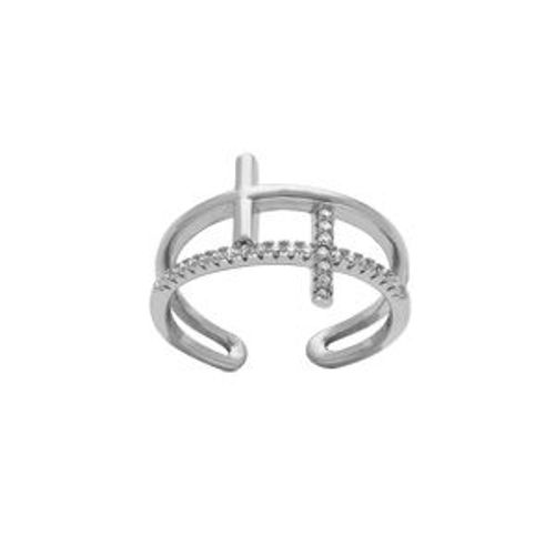 Bague Argent Rhodi 2 Rangs Croix 1 Lisse Et 1 Avec Oxydes Blancs Sertis