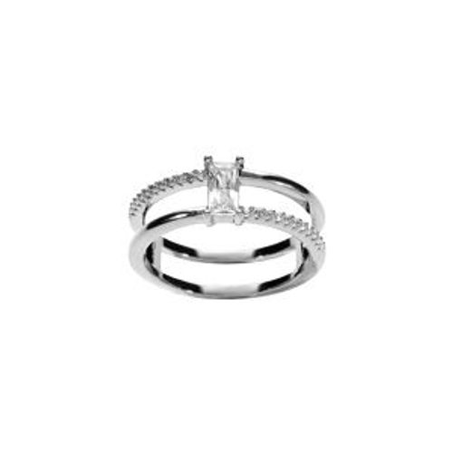 Bague Argent Rhodi Double Range Rectangle Oxydes Blancs Sertis