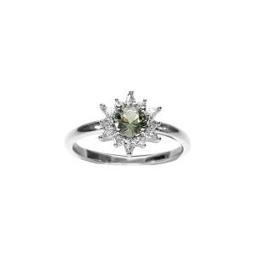 Bague Argent Rhodi Fleur Oxyde Vert Et Contour Oxydes Blancs